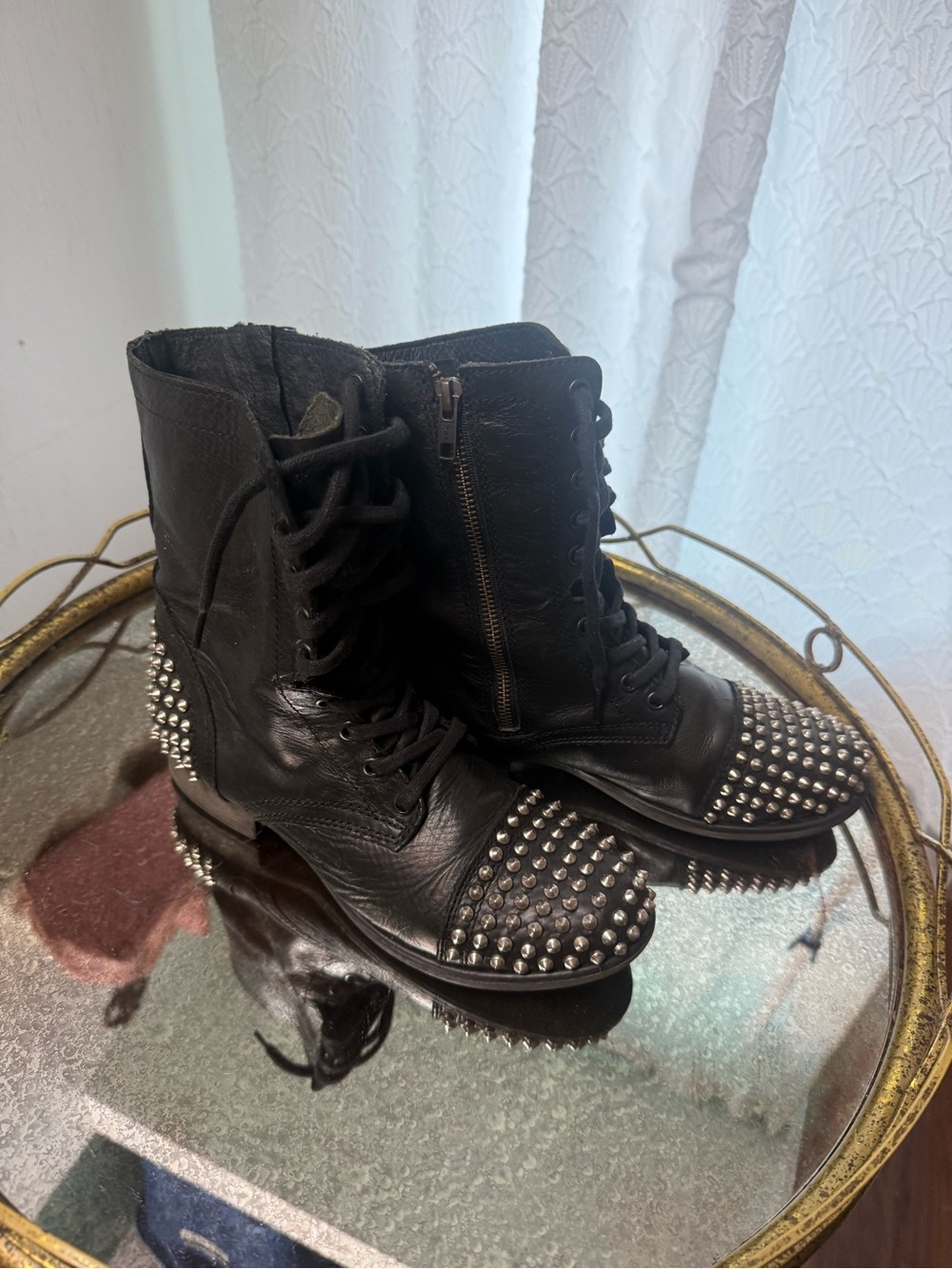 Steve Madden Black Leather Studded Lace-Up Combat Boots